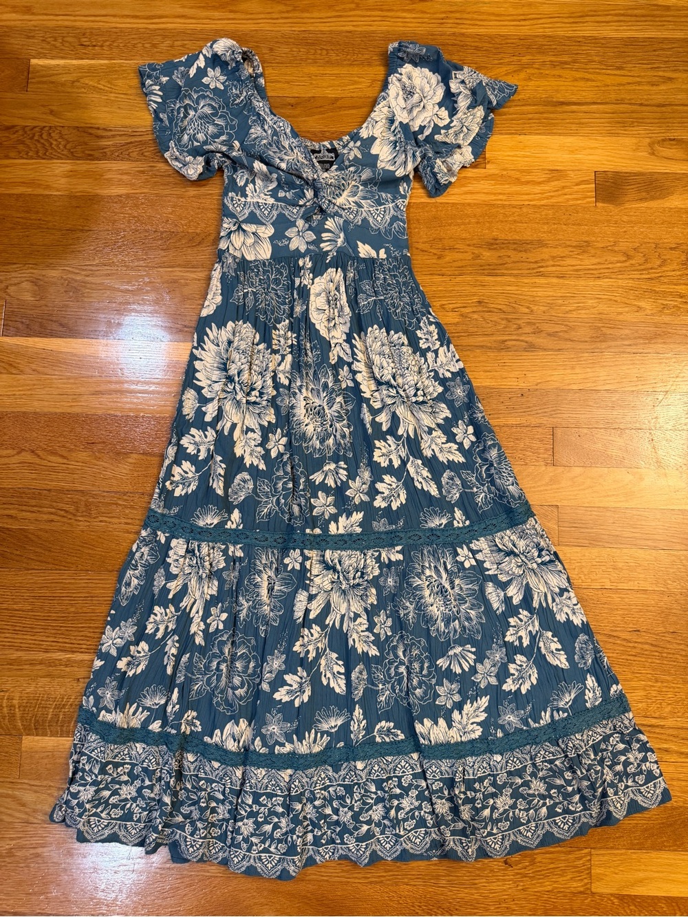Angie Floral Printed Tiered Maxi Dress in Blue/White - Size Medium